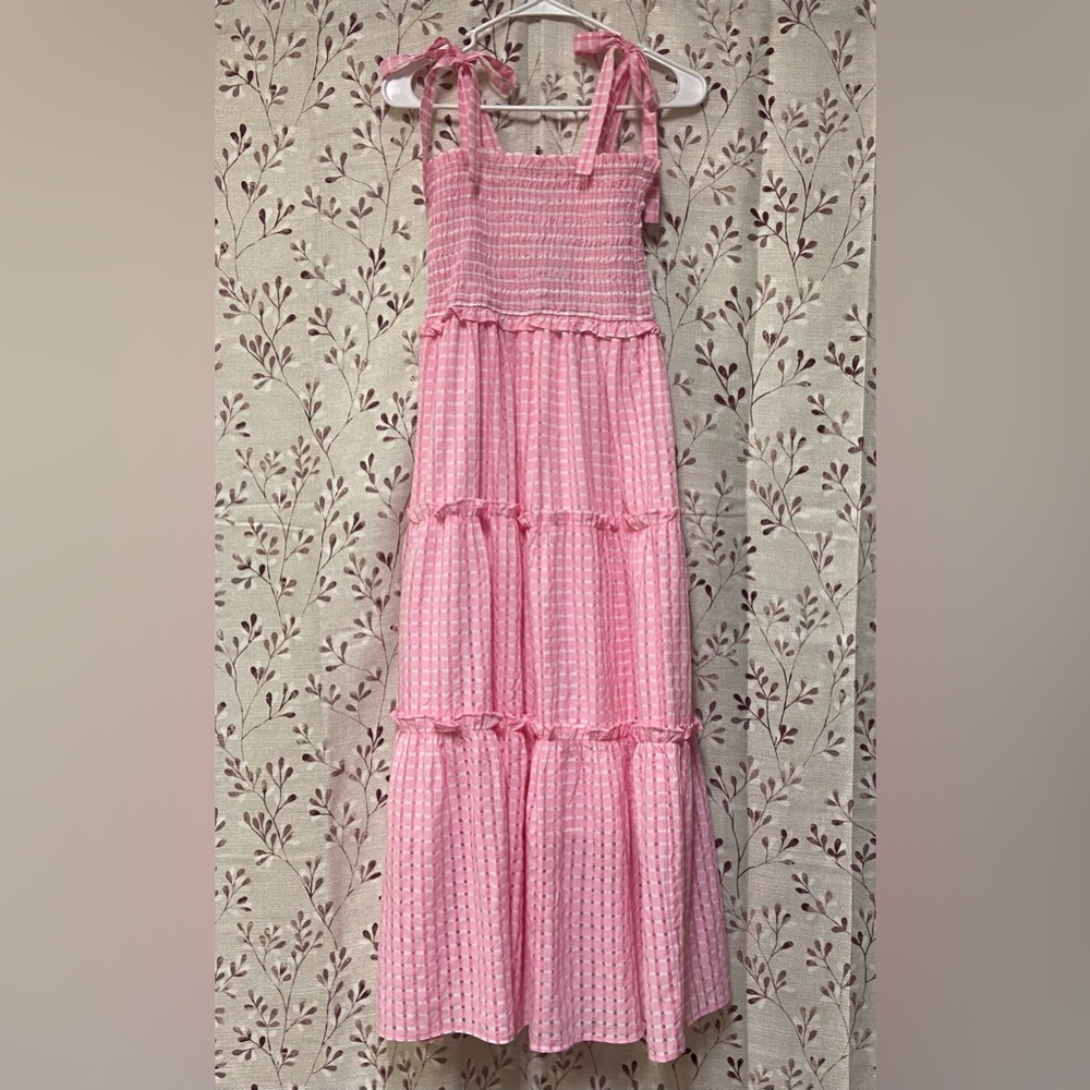 New York & Company - Gingham Smocked Tie- Shoulder Midi Dress (NWT)